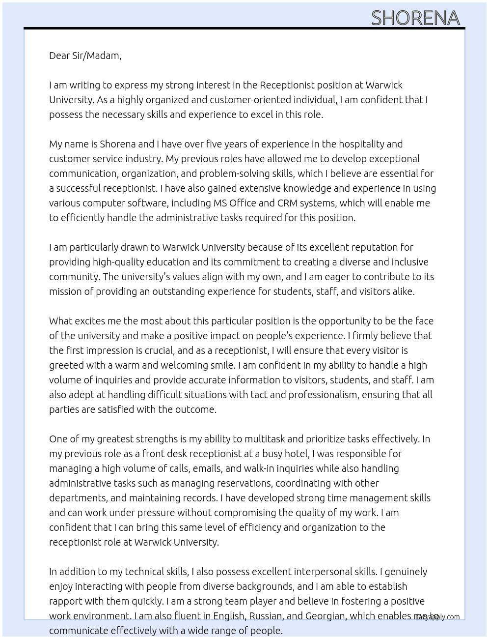Receptionist  At Warwick University  Cover Letter