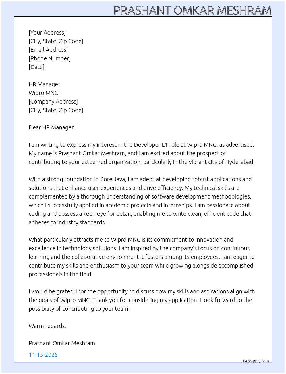 Software Developer At Wipro MNC Cover Letter