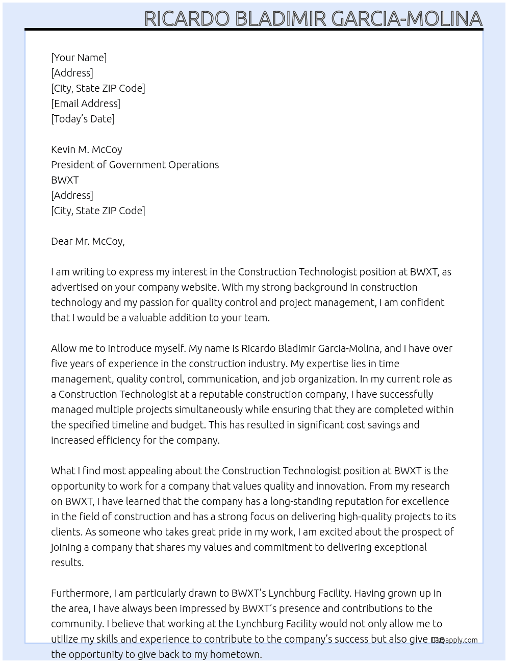 Construction Technologist Candidate At BWXT Cover Letter