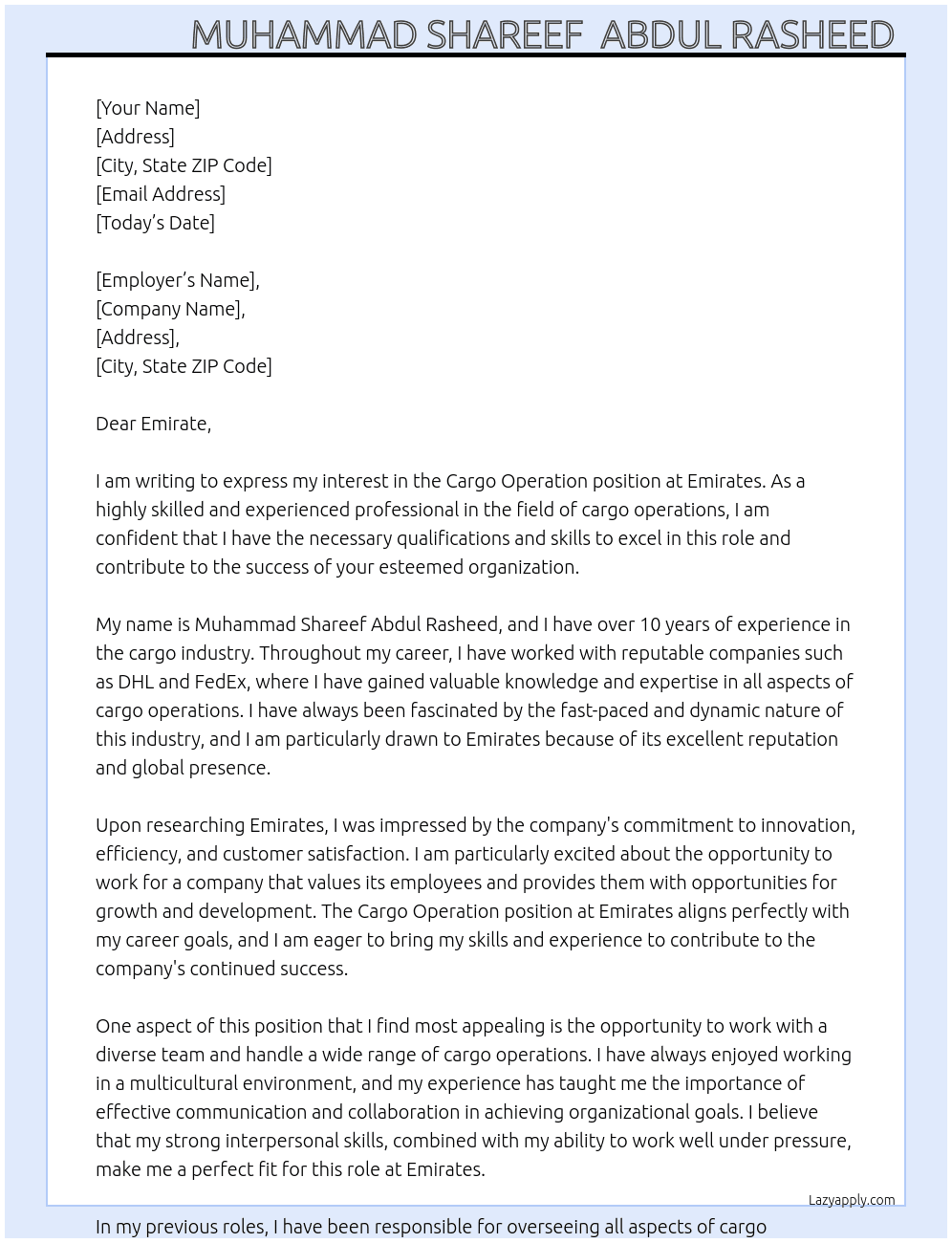 Cargo operation  At Emirates Cover Letter
