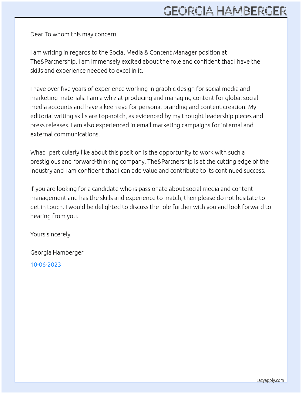 Social Media & Content Manager At The&Partnership Cover Letter