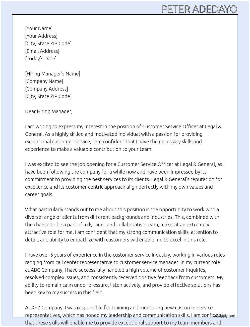 customer service officer At Legal & General Cover Letter