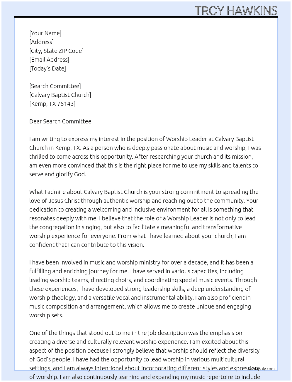Worship Leader At Calvary Baptist Church, Kemp TX Cover Letter