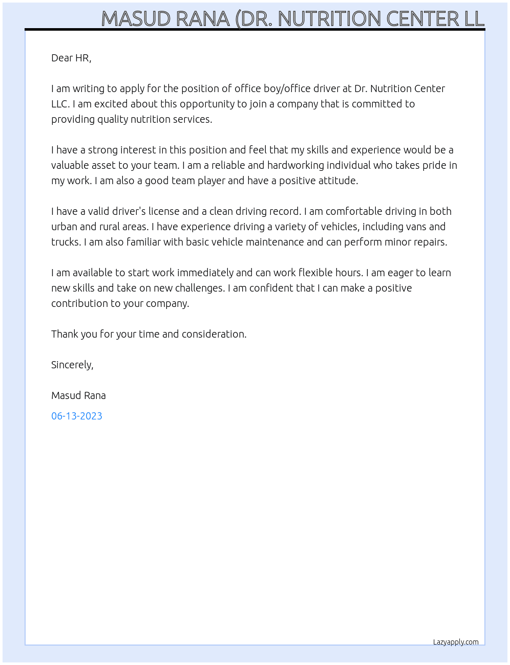 Office boy/office driver At Dr. Nutrition Center LLC Cover Letter