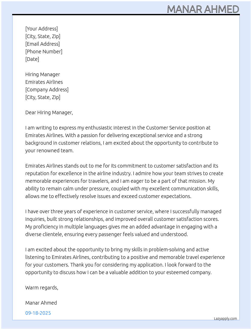 Customer Service At Emirates Airlines Cover Letter