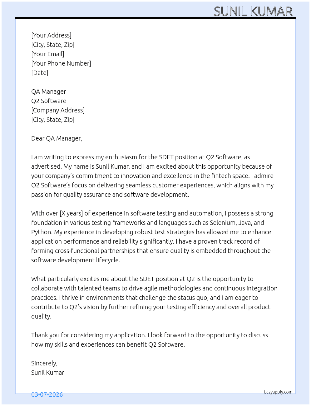 Cover letter for sdet - LazyApply