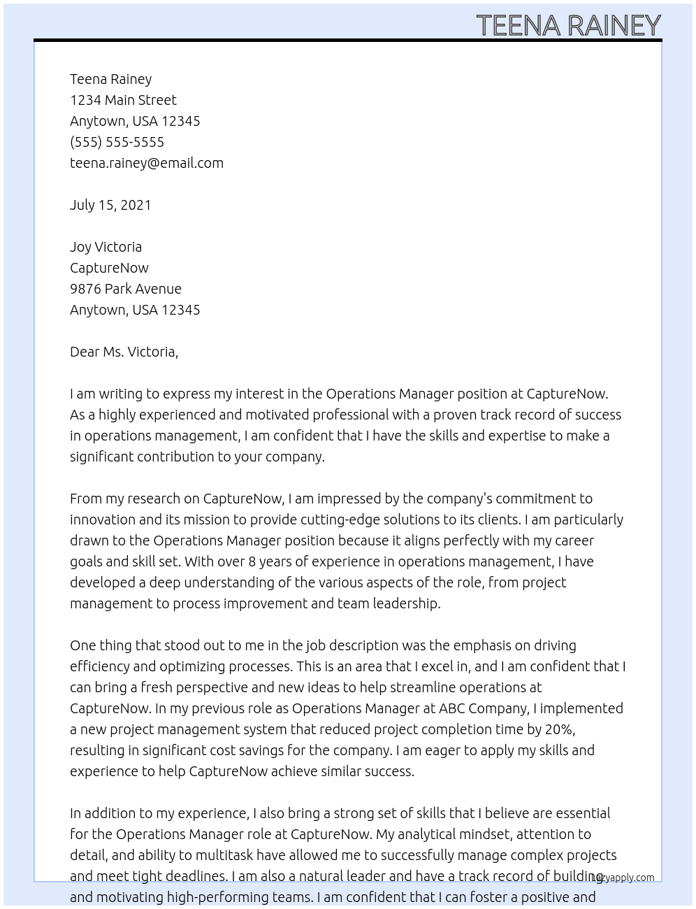 Operations Manager At CaptureNow Cover Letter
