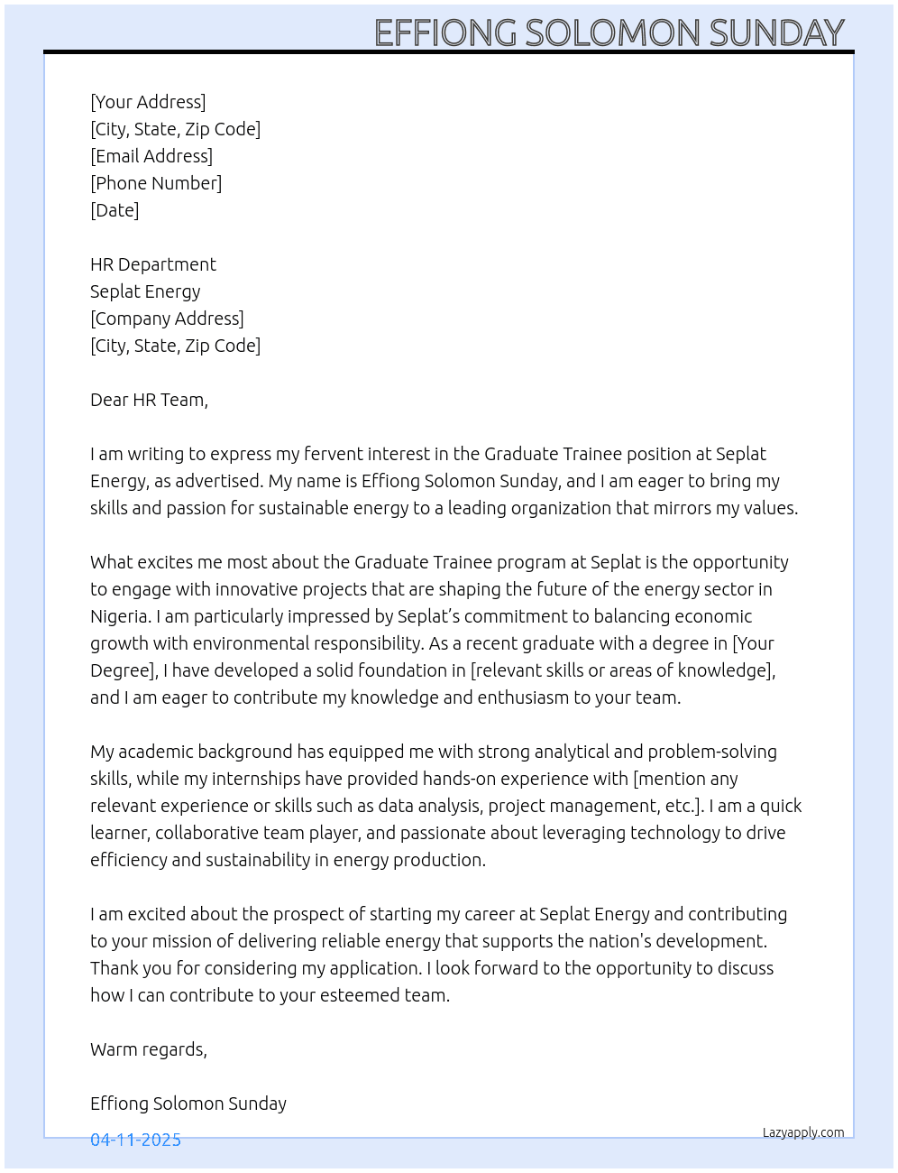 Graduate trainee  At Seplat energy  Cover Letter