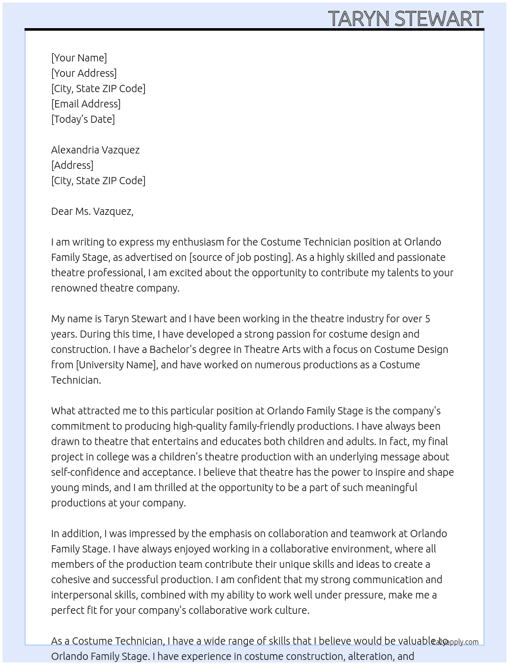 Costume Technician At Orlando Family Stage Cover Letter