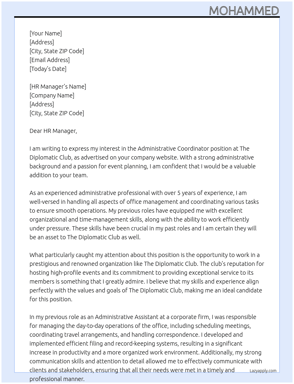 Administrative coordinator  At The Diplomatic Club Cover Letter