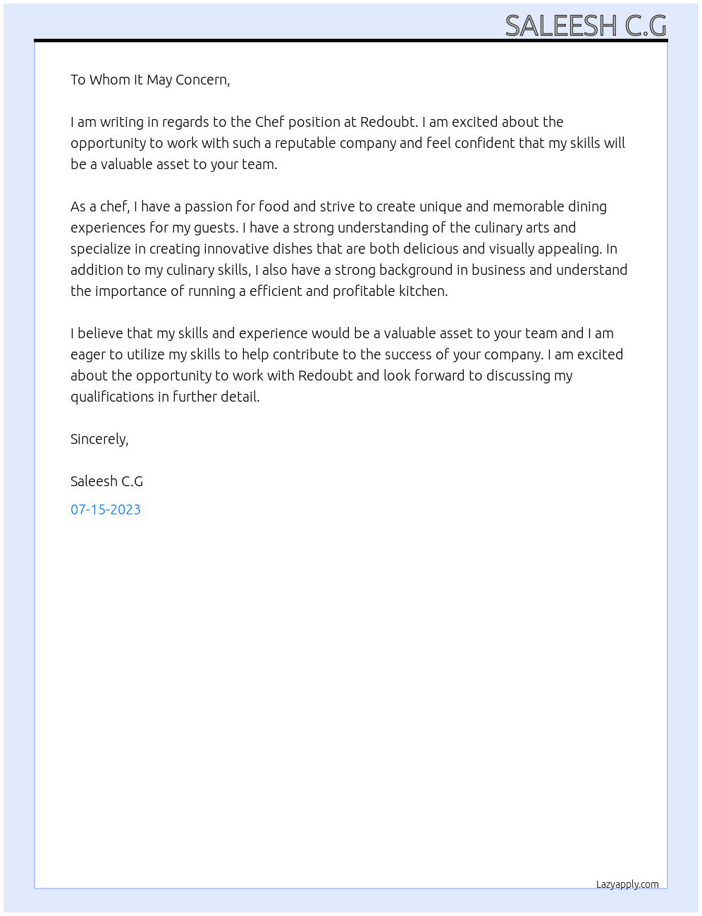 Chef At  Redoubt Cover Letter