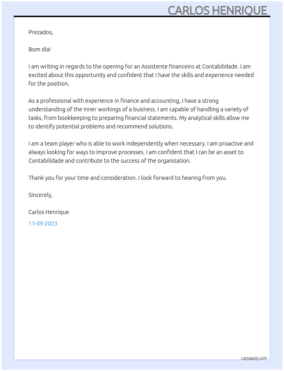 Assistente financeiro At Contabilidade Cover Letter