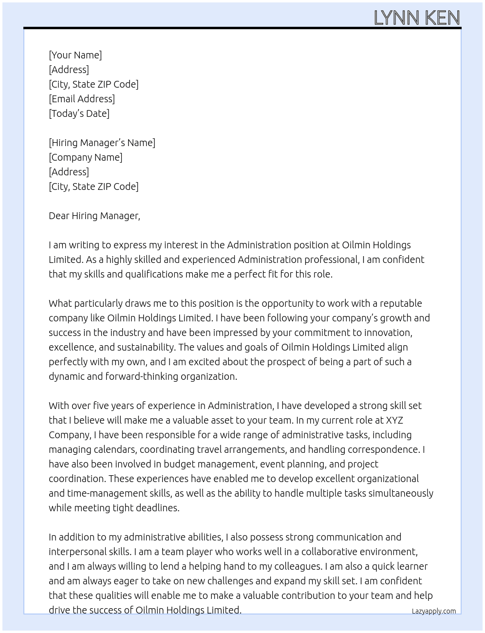 Amininstration At Oilmin Holdings LLimited Cover Letter
