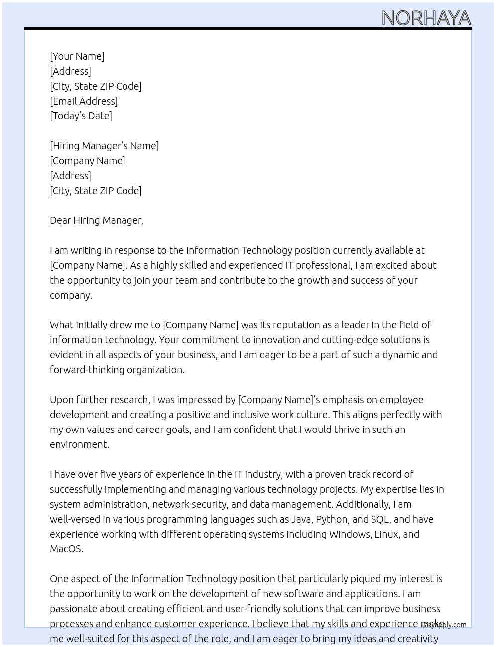 Information technology  At Information technology Cover Letter