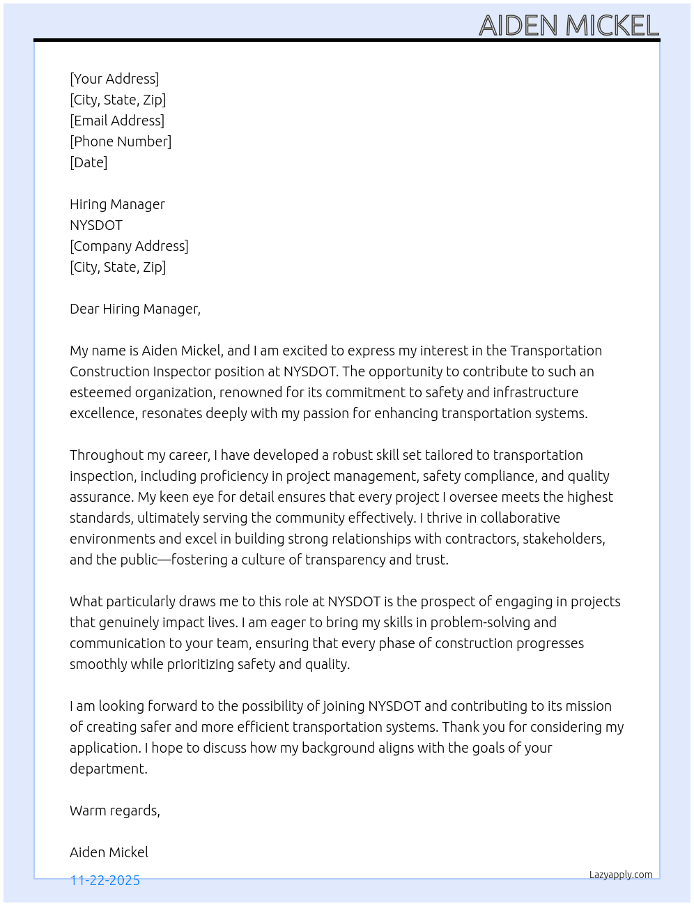 Transportation Construction Inspector At NYSDOT Cover Letter