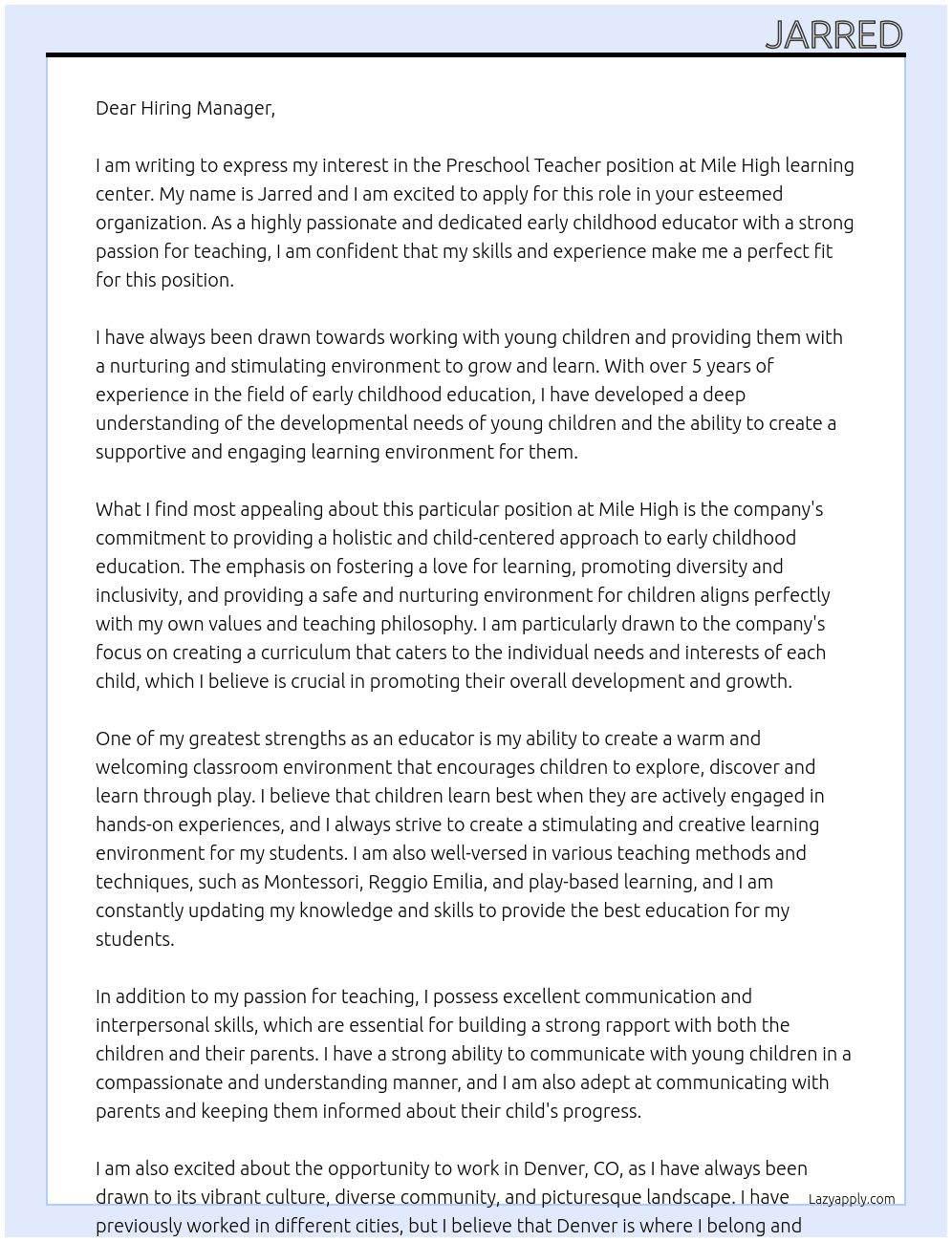 Preschool teacher learning center At Mile High Cover Letter