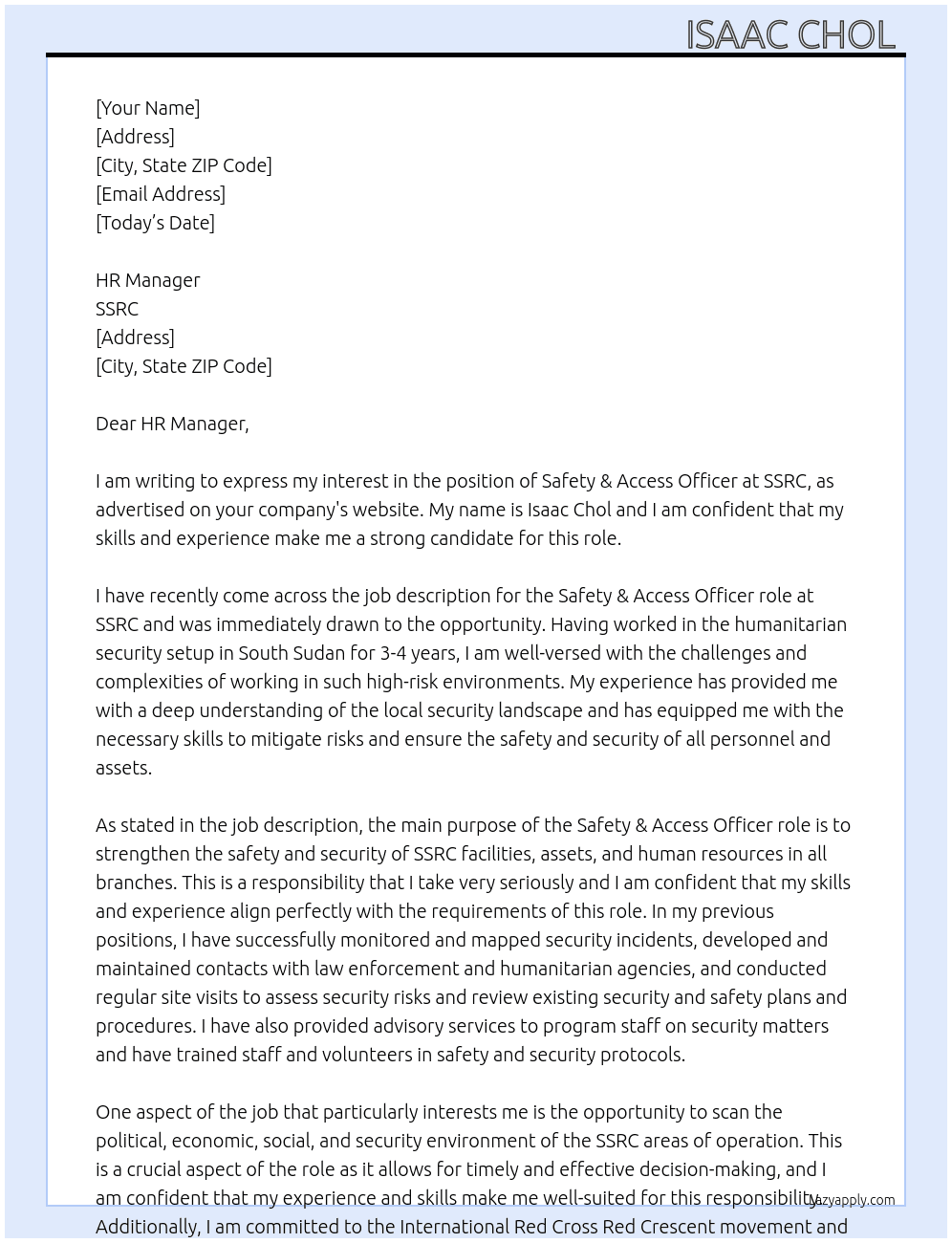 Safety & Access Officer-Juba  At SSRC Cover Letter