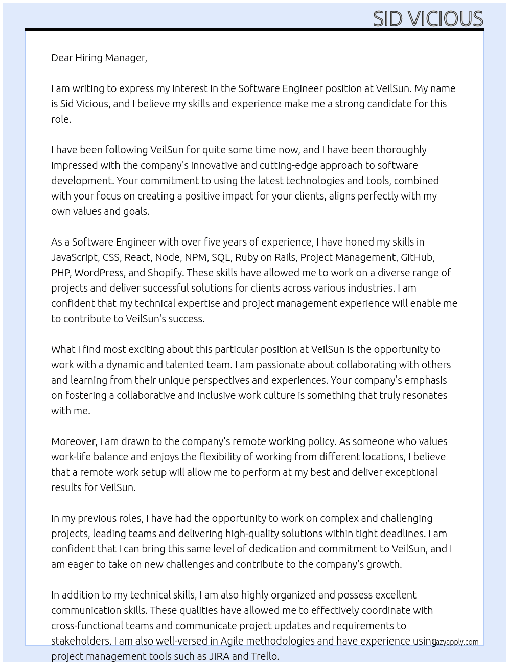 Software Engineer At VeilSun Cover Letter