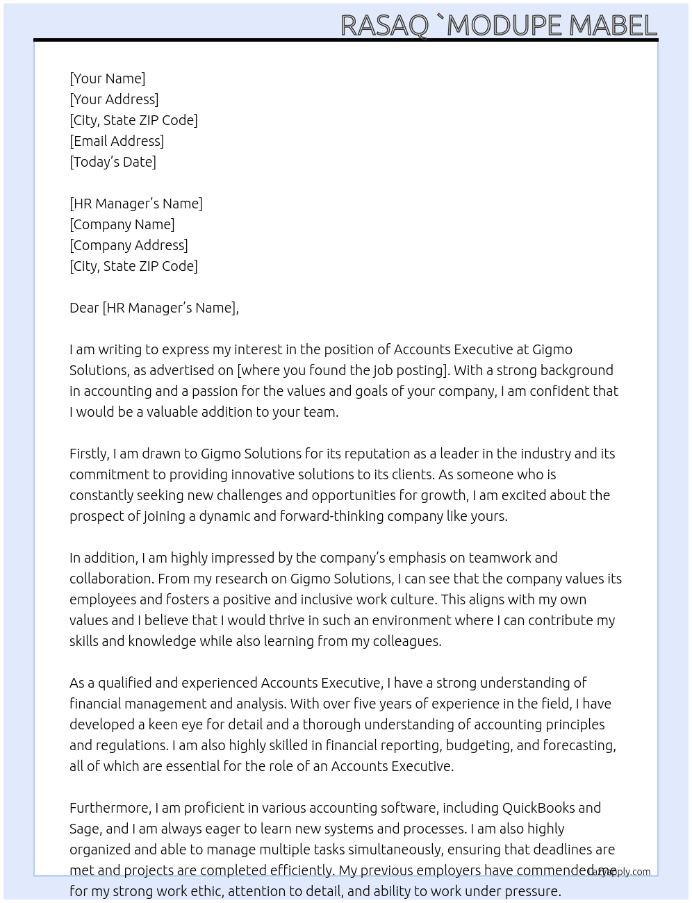Accounts executive At Gigmo Solutions Cover Letter