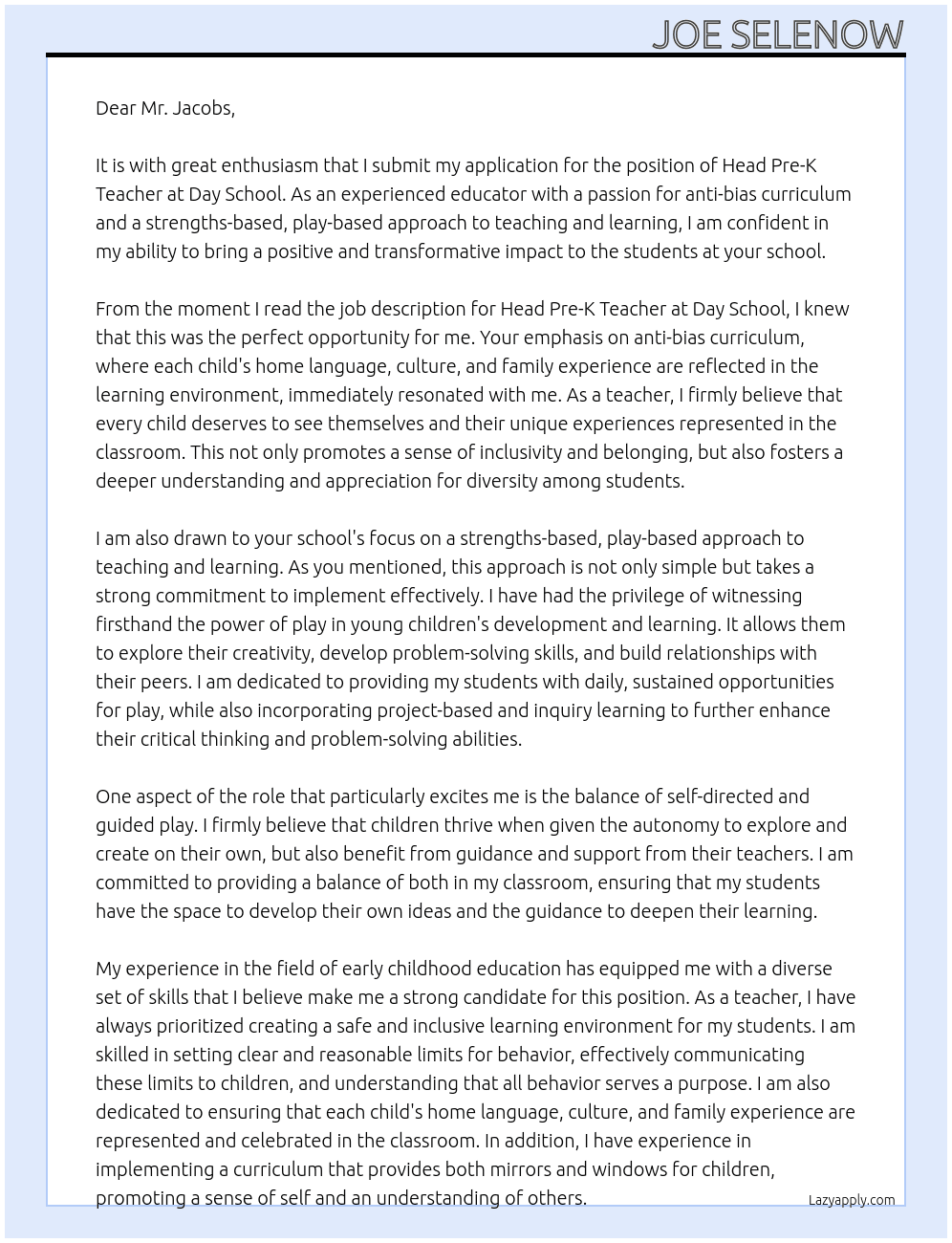 Head Pre-K Teacher At Day School Cover Letter