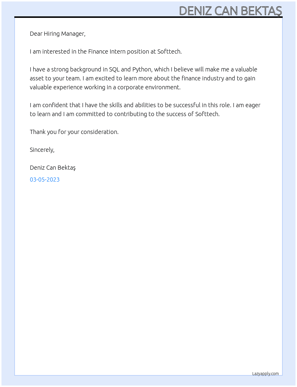 Finance Intern At Softtech Cover Letter