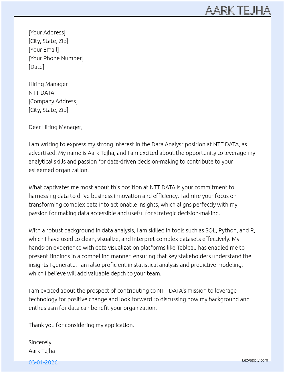 Data Analyst At NTT DATA Cover Letter