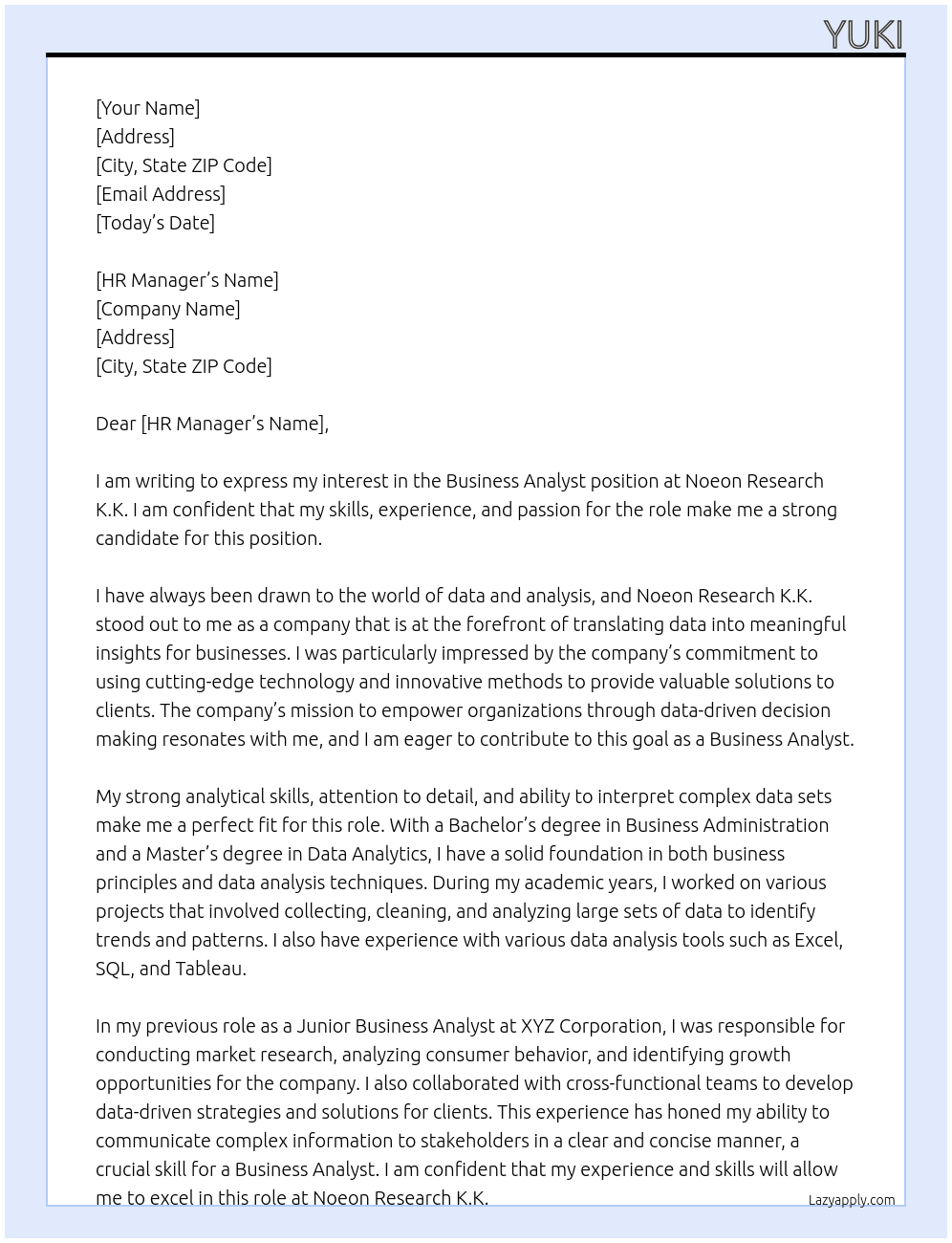 Business Analyst At Noeon Research K.K. Cover Letter
