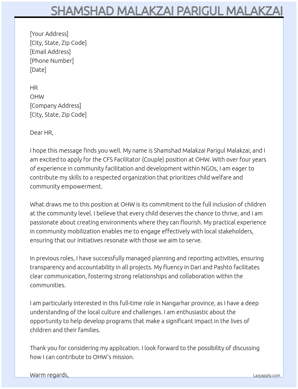  CFS Facilitator (Couple) At OHW Cover Letter
