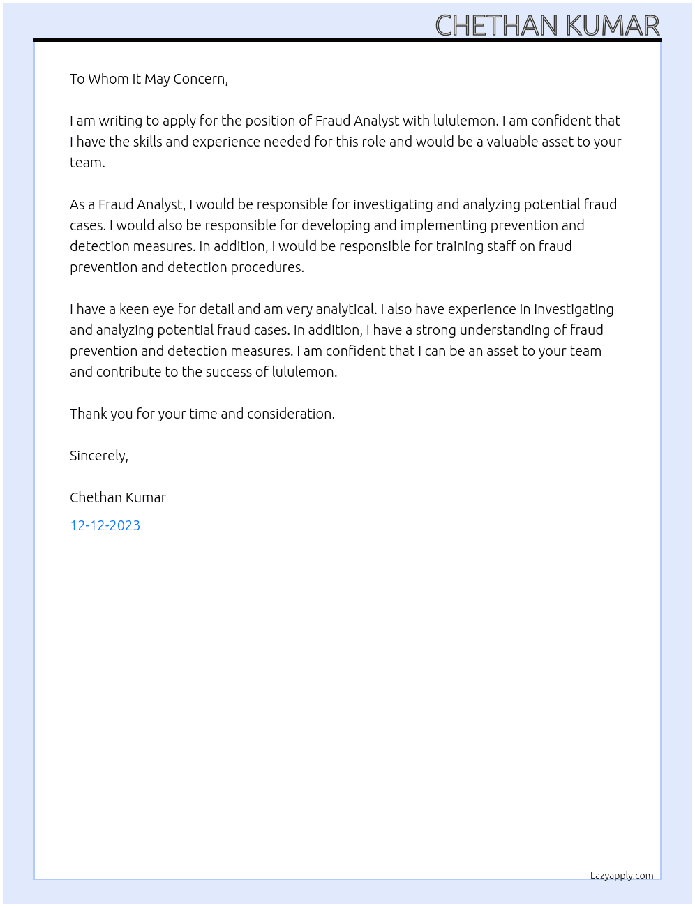 fraud analyst At lululemon Cover Letter