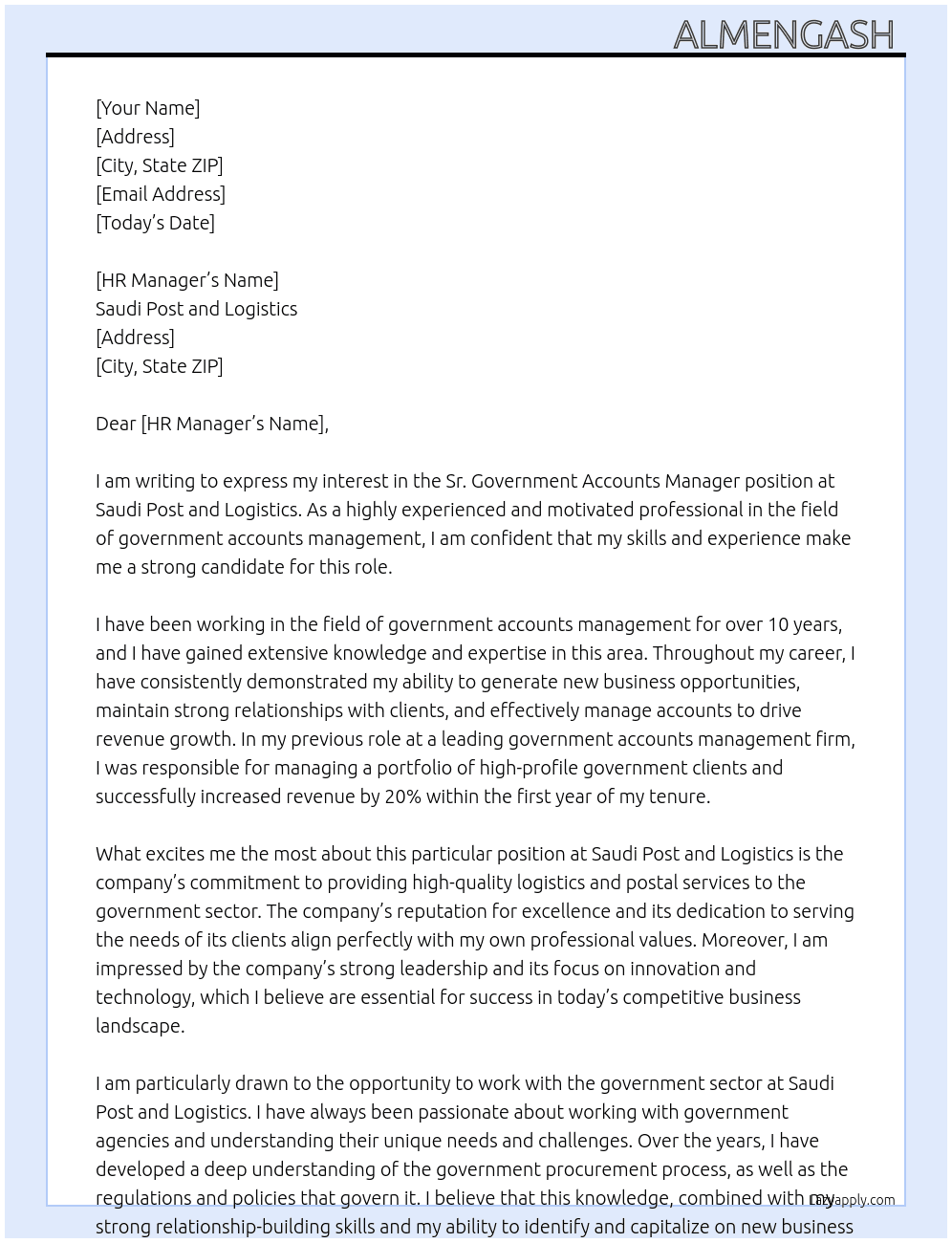 Sr. Government Accounts Manager At Saudi Post and Logistics  Cover Letter