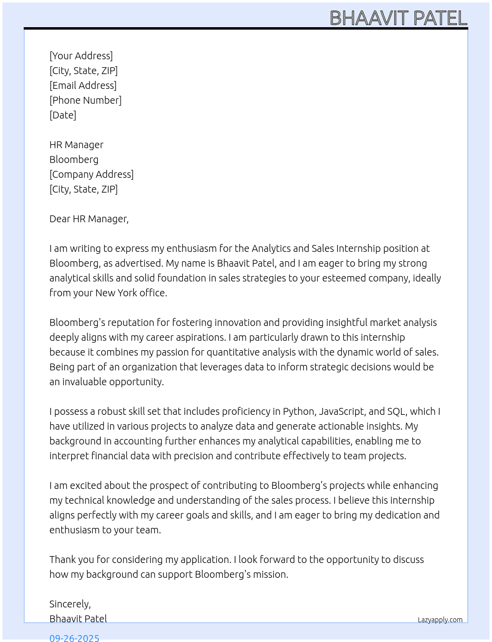Cover letter for analytics and sales interneship - LazyApply