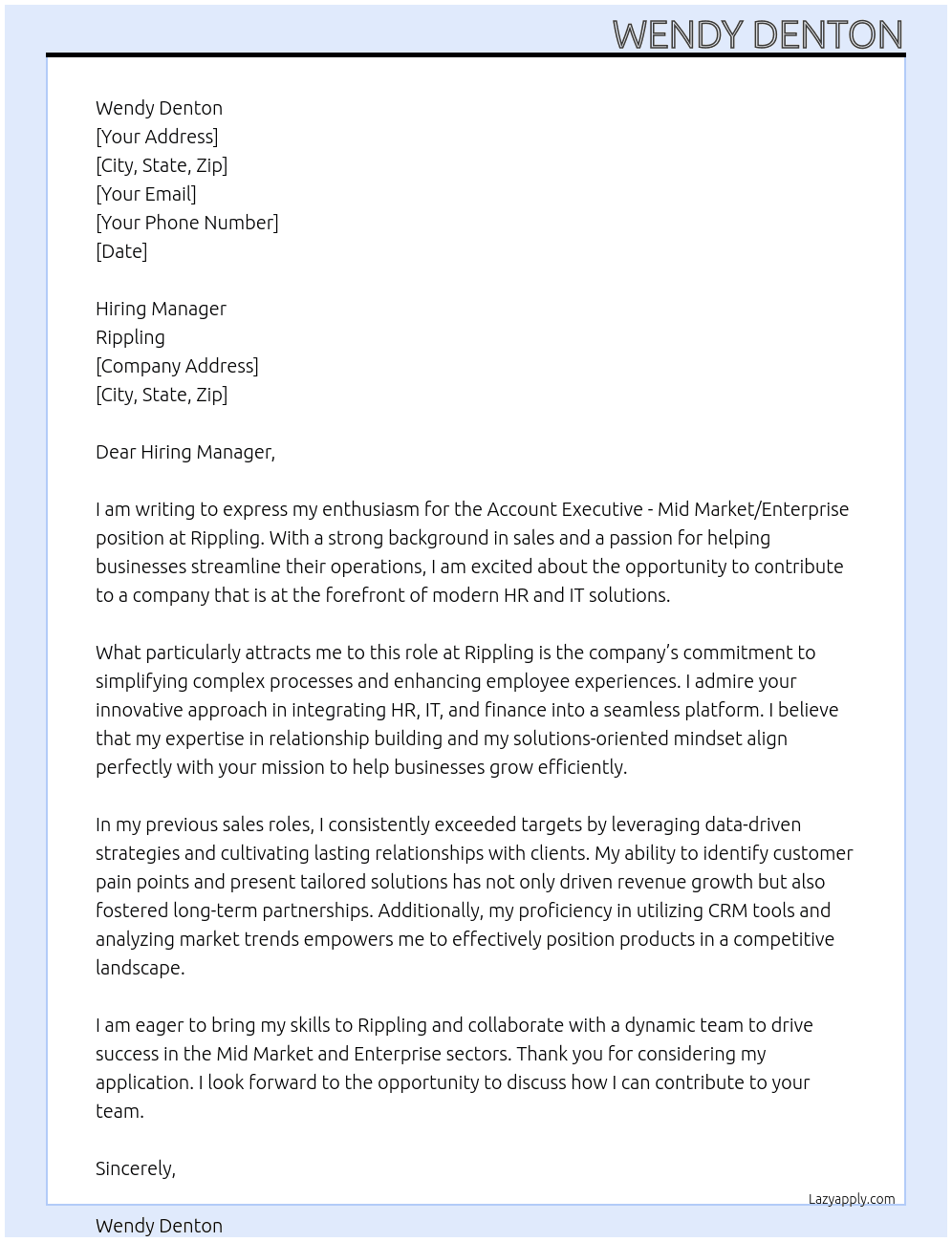 Account Executive - Mid Market/Enterprise At Rippling Cover Letter