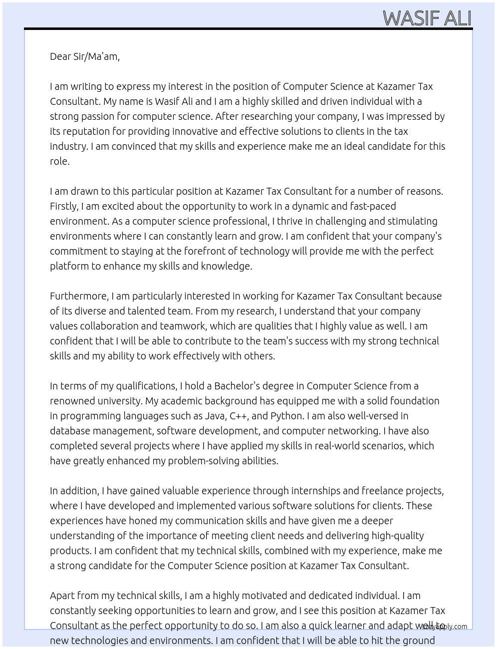 Computer science  At Kazamer Tax Consultant Cover Letter
