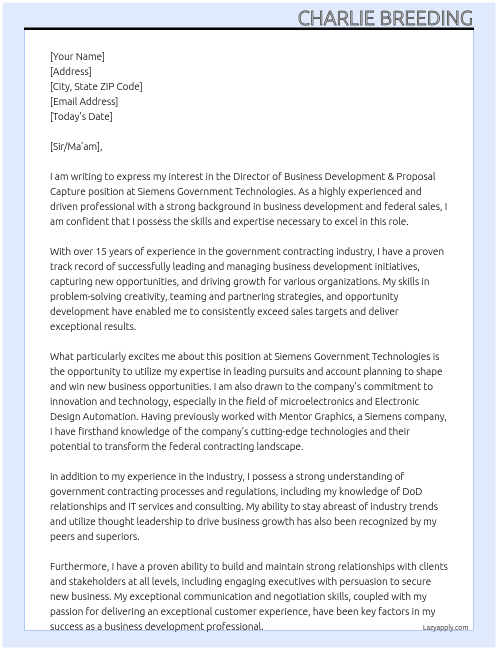 Director of Business Development & Proposal Capture  At Siemens Government Technologies Cover Letter