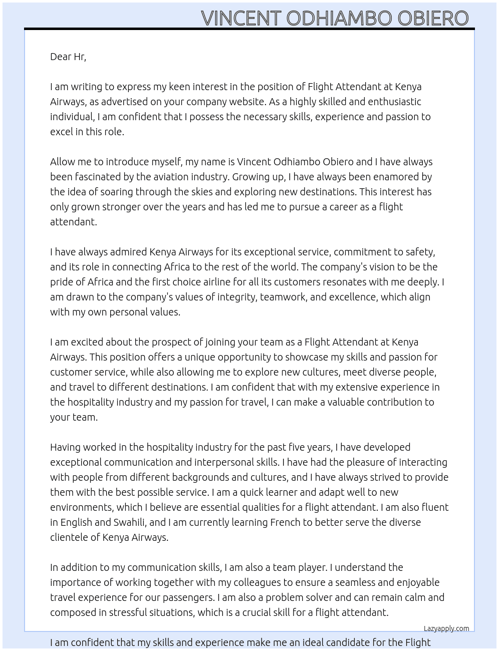 Flight attendant At Kenya Airways Cover Letter