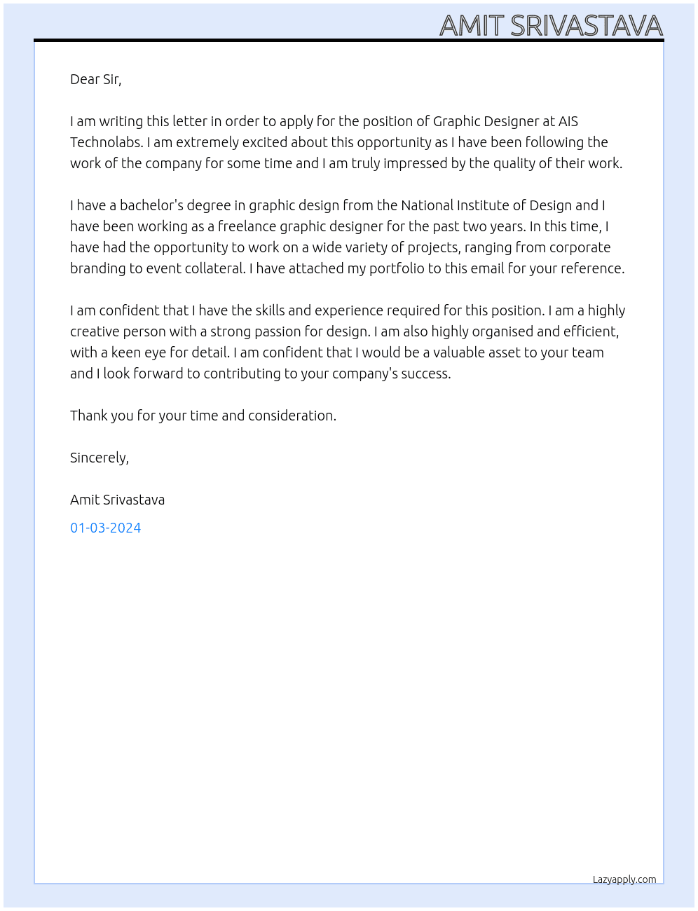 Graphic Designer At AIS Technolabs Cover Letter