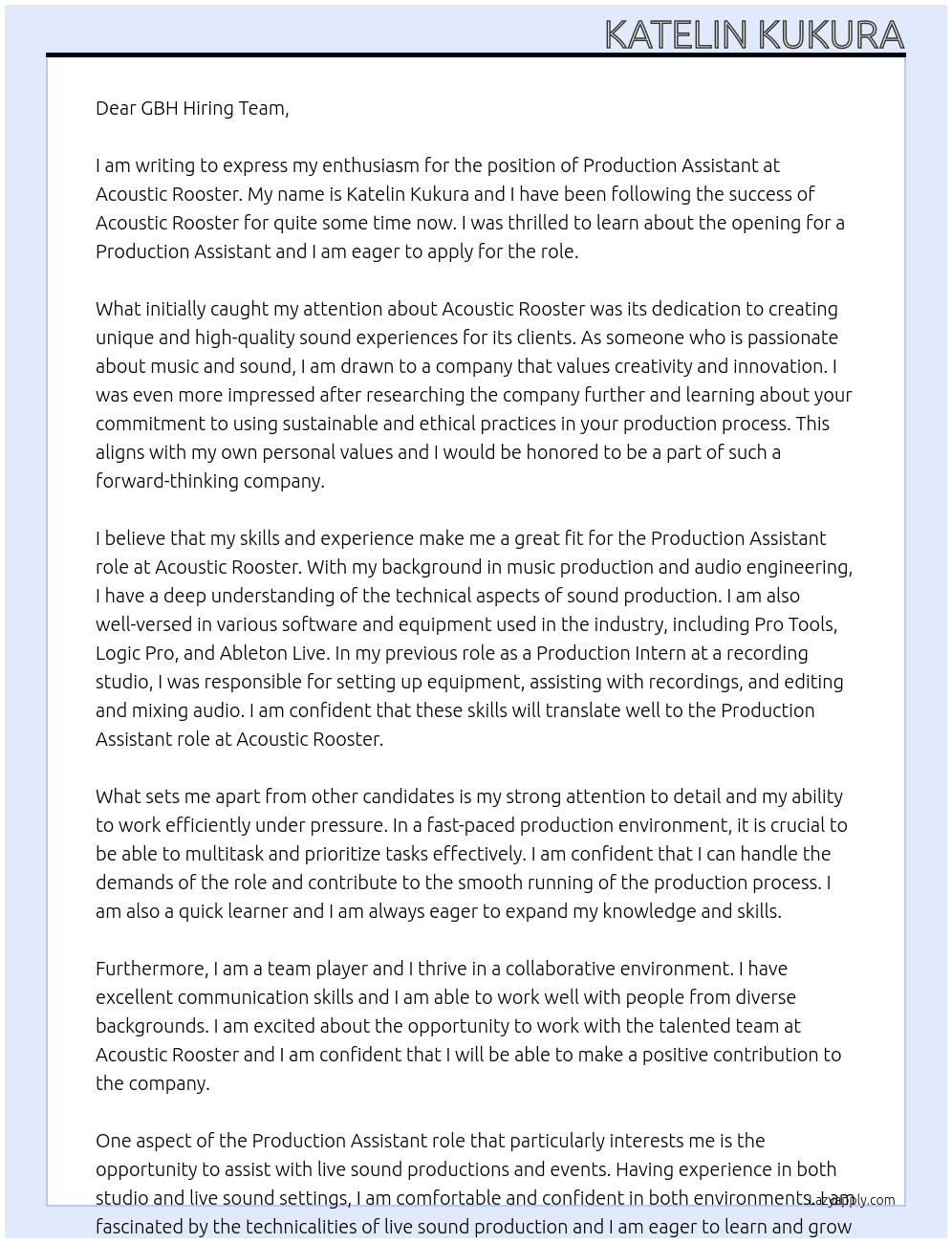production assistant At Acoustic Rooster Cover Letter