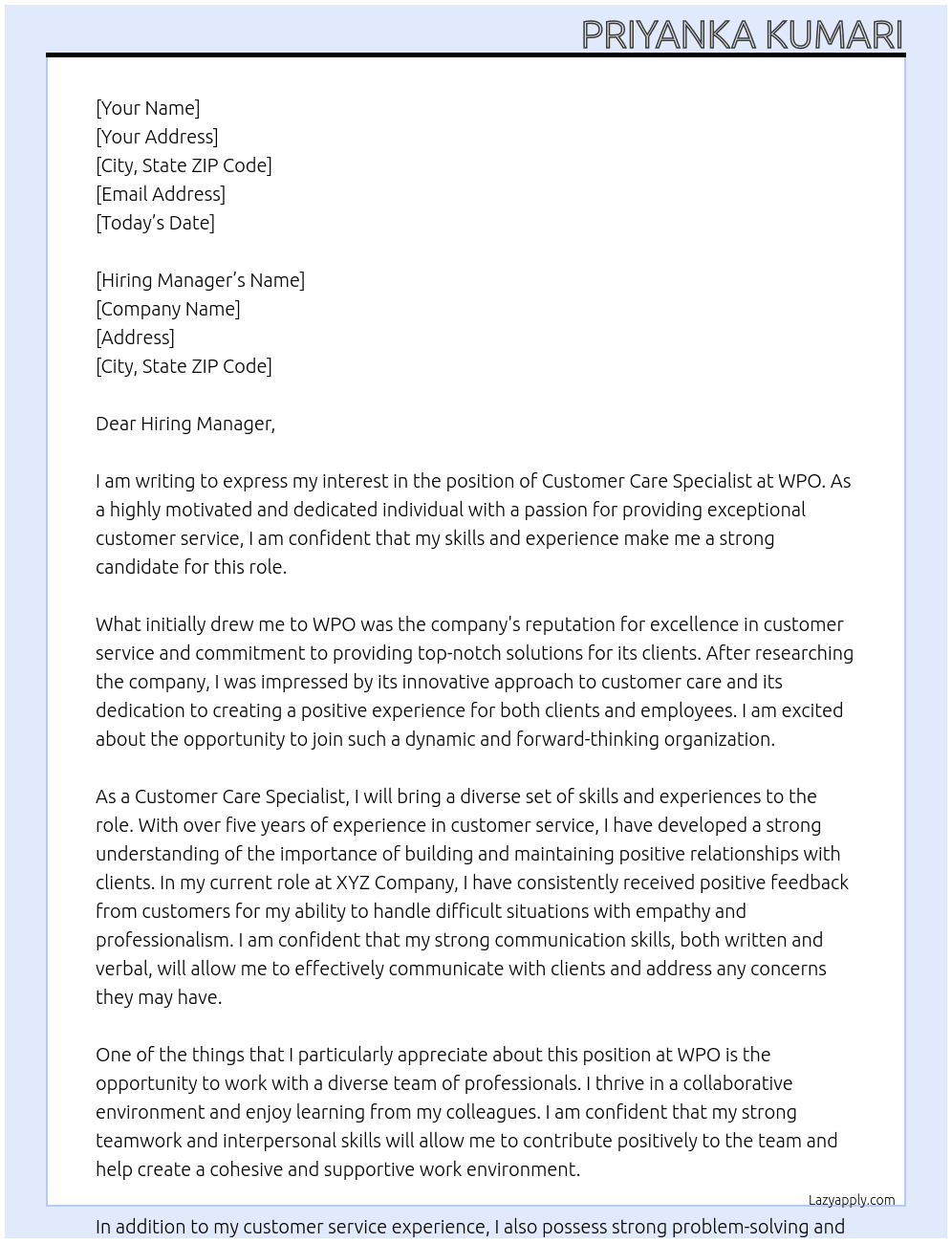 Customer Care Specialist At WPO Cover Letter