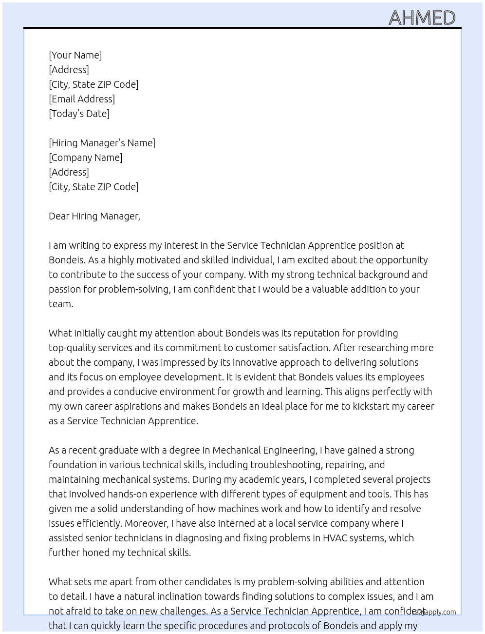 Service technician apprentice  At Bondeis  Cover Letter