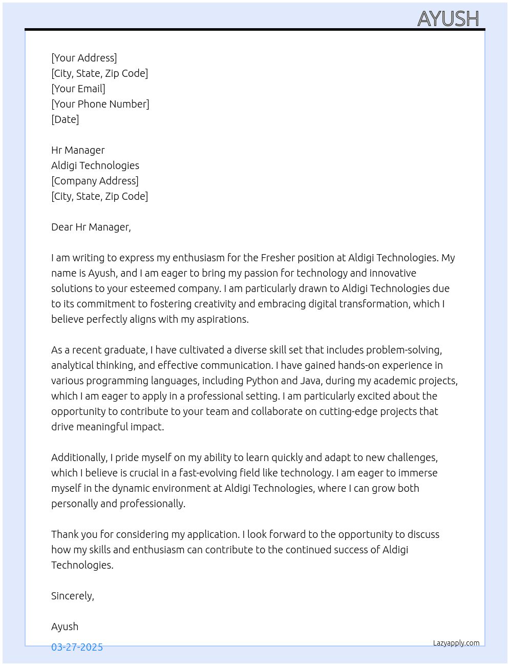 Fresher At Aldigi technologies  Cover Letter