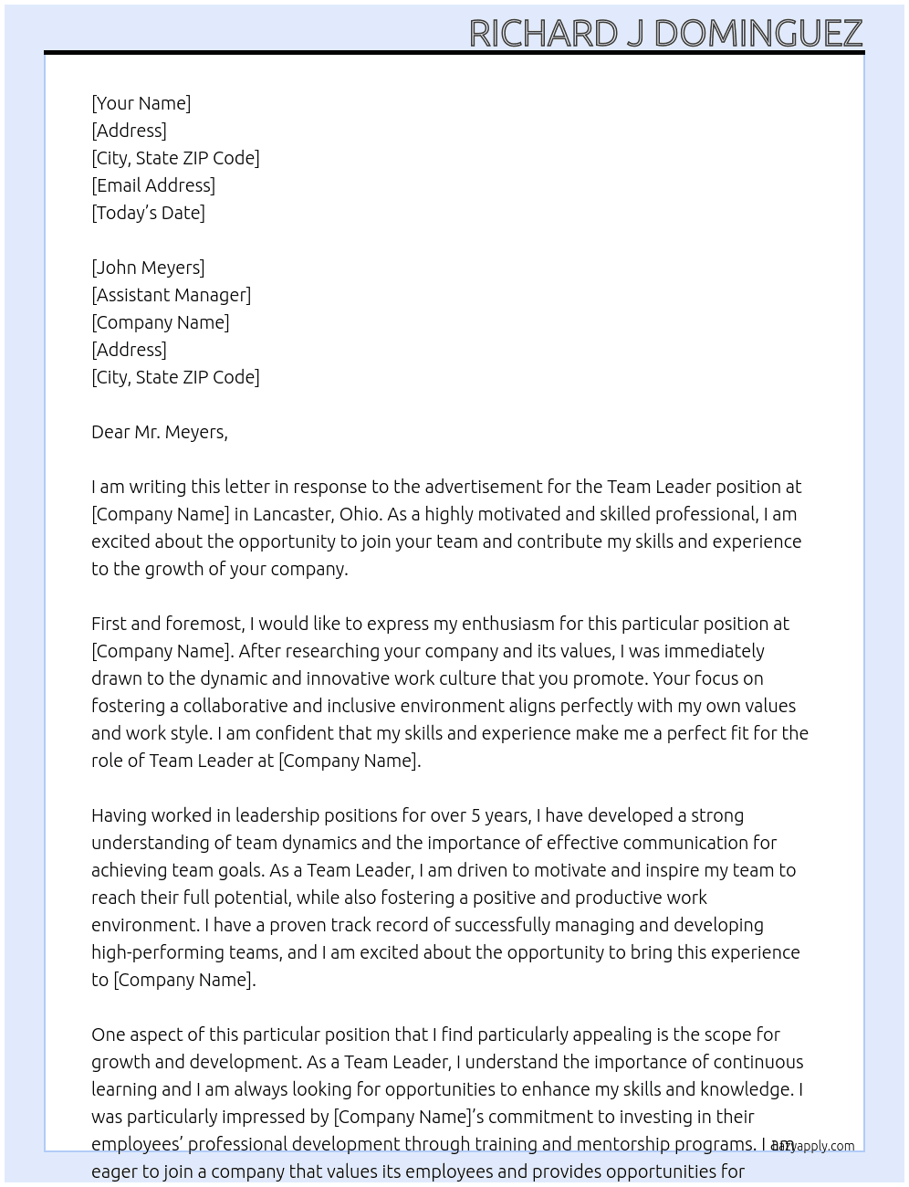 Team Leader At Assistant Manager Cover Letter