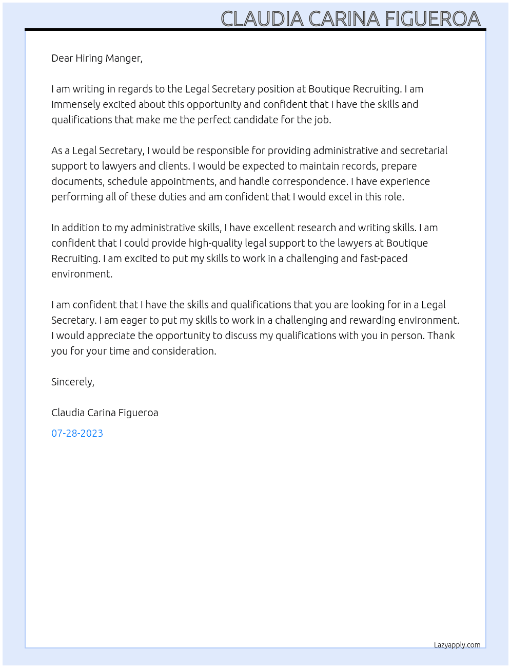 Legal Secretary  At Boutique Recruiting  Cover Letter