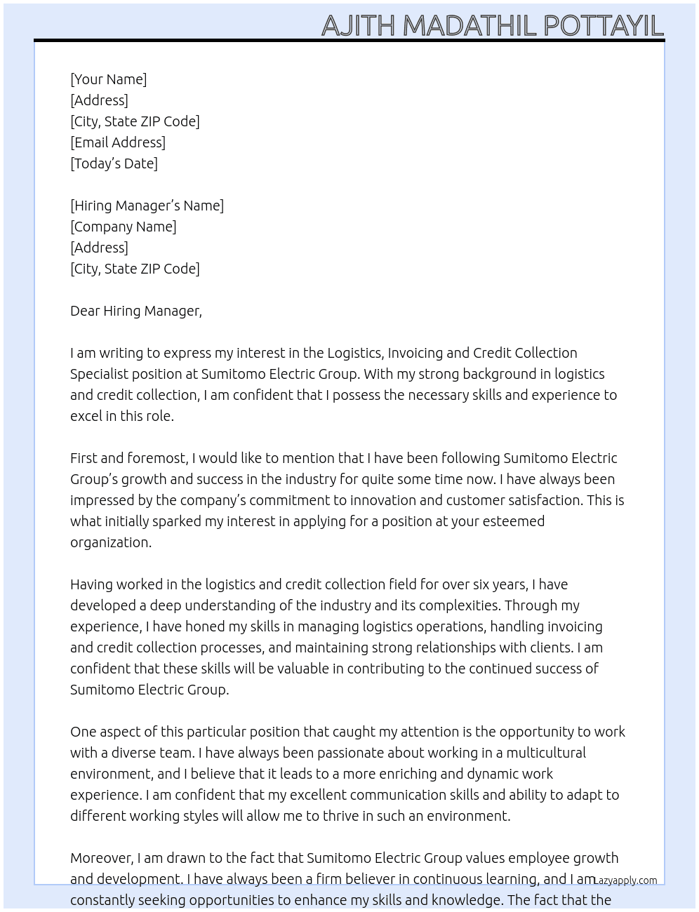 Logistics, Invoicing and Credit Collection Specialist  At Sumitomo Electric Group Cover Letter