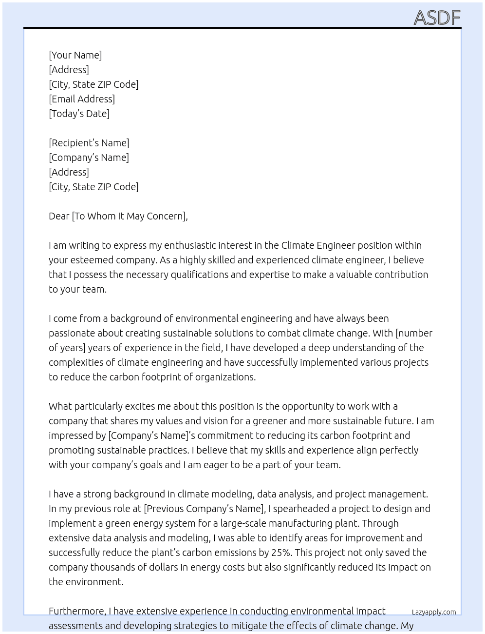 Cover letter for climate engineer - LazyApply