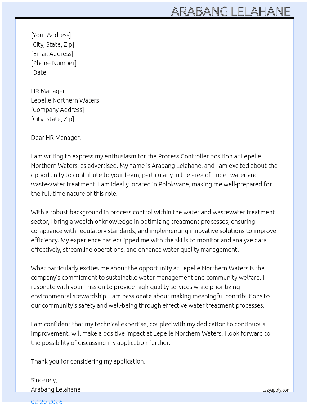 Process controler At Lepelle Northern waters  Cover Letter