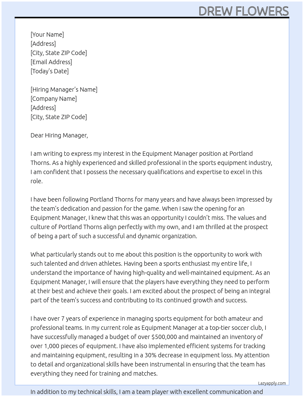 Equipment Manager At Portland Thorns Cover Letter