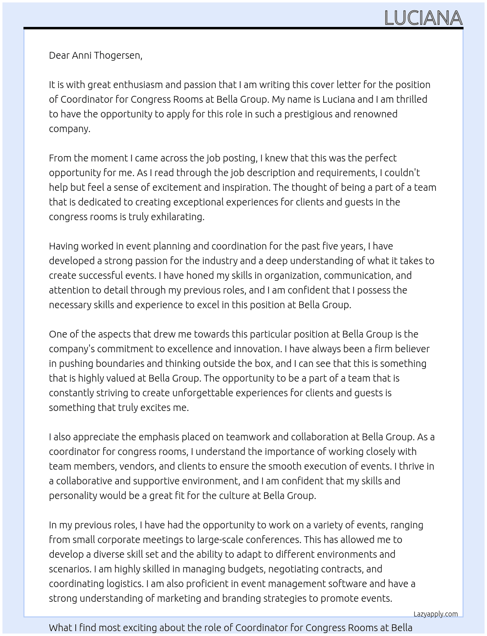 coordinator for congress rooms At Bella Group Cover Letter