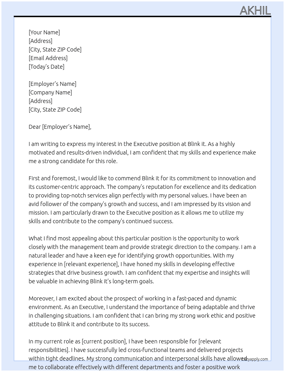 Executive  At Blink it Cover Letter