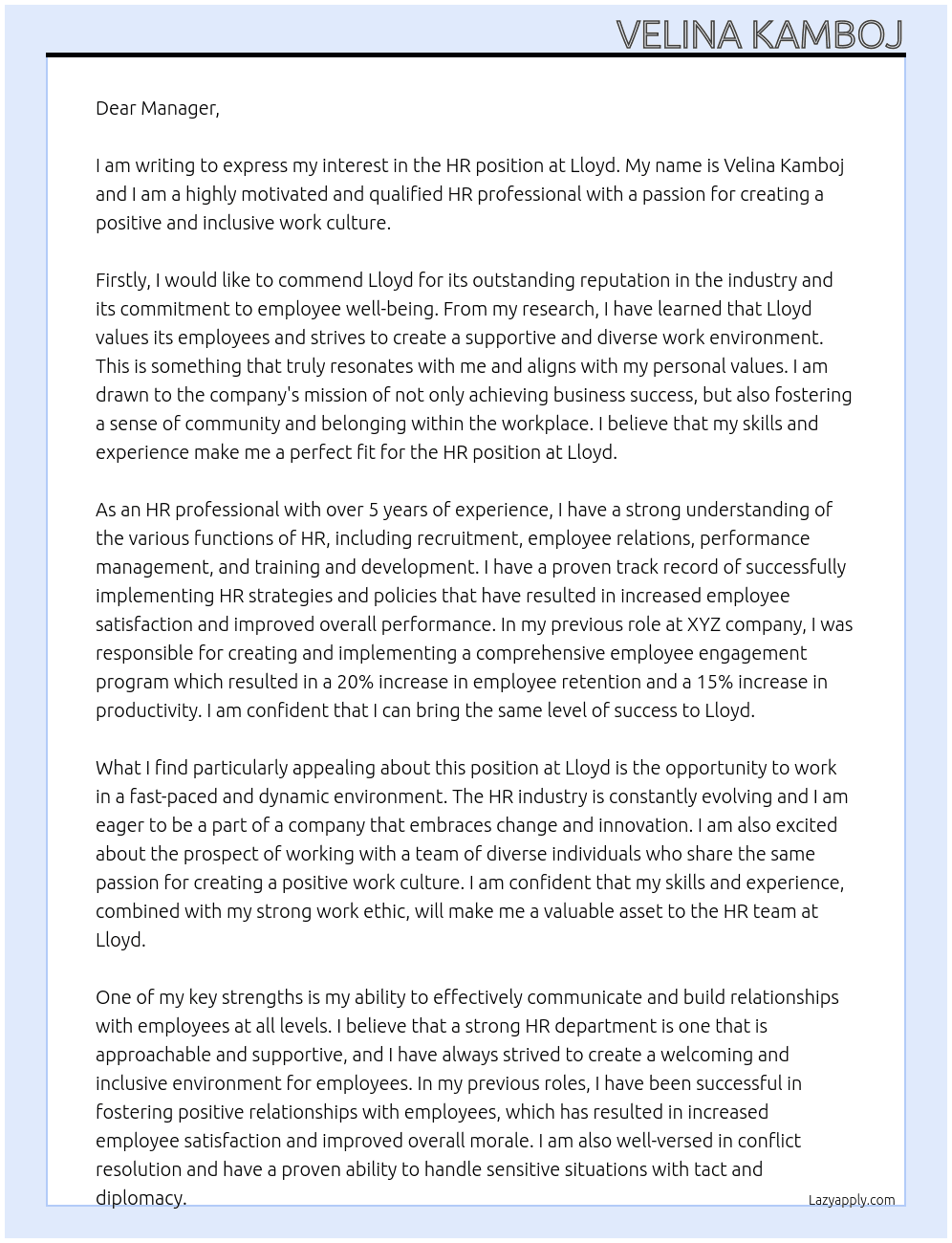 HR At lloyd Cover Letter