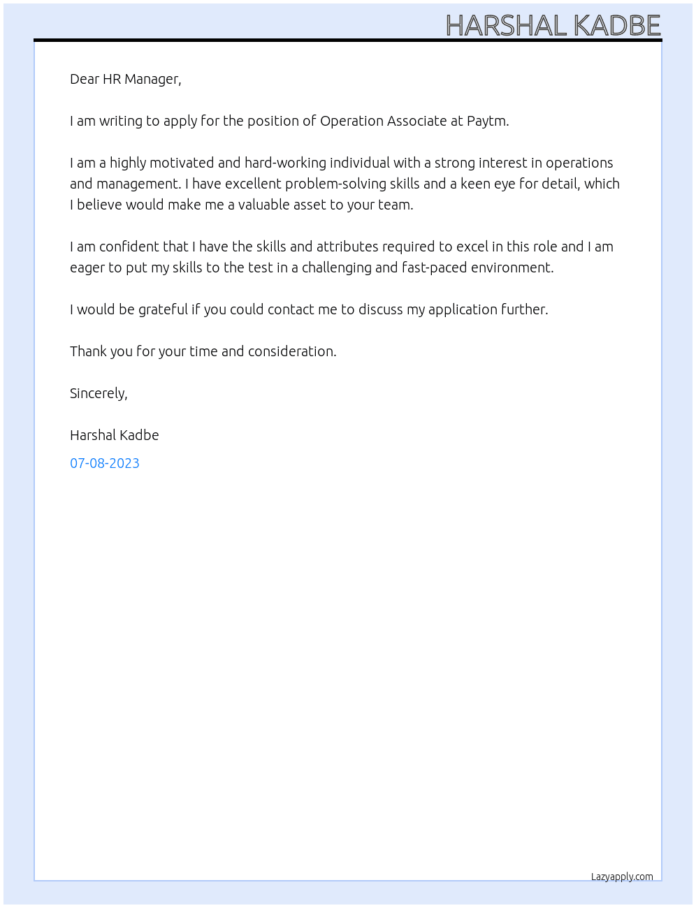 Operation Associate  At Paytm  Cover Letter
